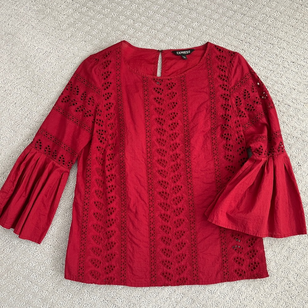Express maroon Eyelet 3/4 ruffled bell sleeve blouse